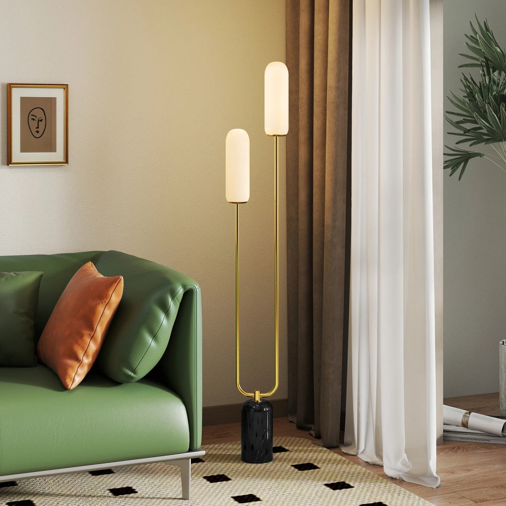 Lampada da Terra Soggiorno ¨C Xylo ¨C Base Marmo 2 Paralumi Vetro Bianco