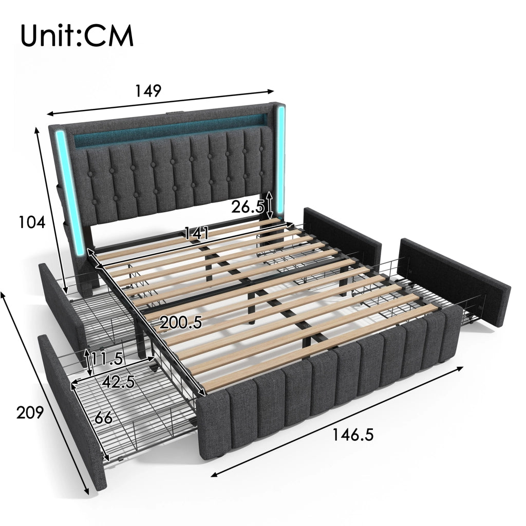 DESMIU Lit Con Cassetti 140 × 200 cm 2 posti, USB Type-C, LED, 4 cassetti, con materasso, in lino, grigio