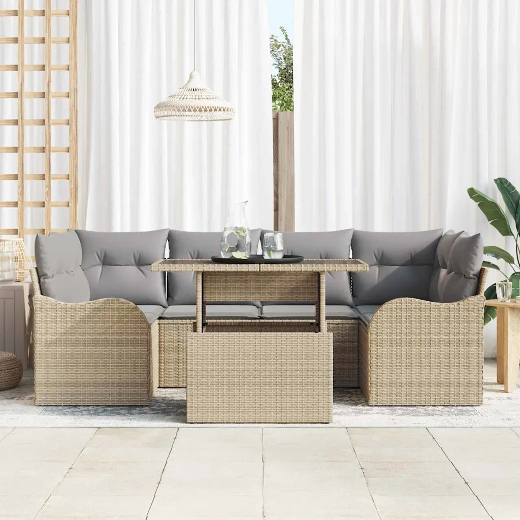 Set Divano da Giardino con cuscino 7 pcs Beige Poly Rattan