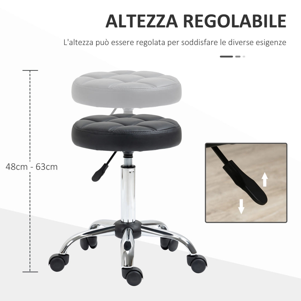 Sgabello Girevole Rotondo con Ruote, Altezza Regolabile e Rivestimento in Finta Pelle, Nero