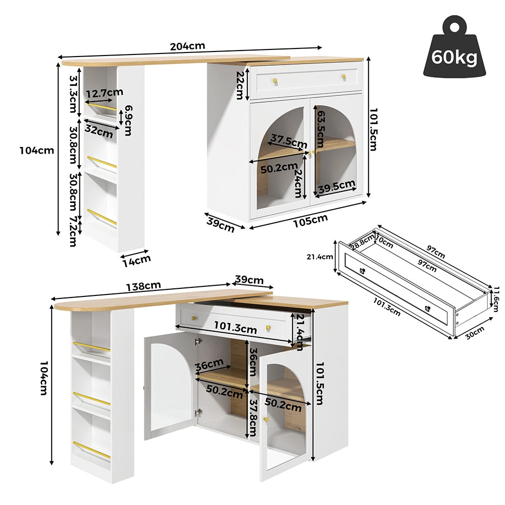 Tavolo Bar Estendibile - Xylo - 138-204??39??104 cm - Bianco con Ripiani
