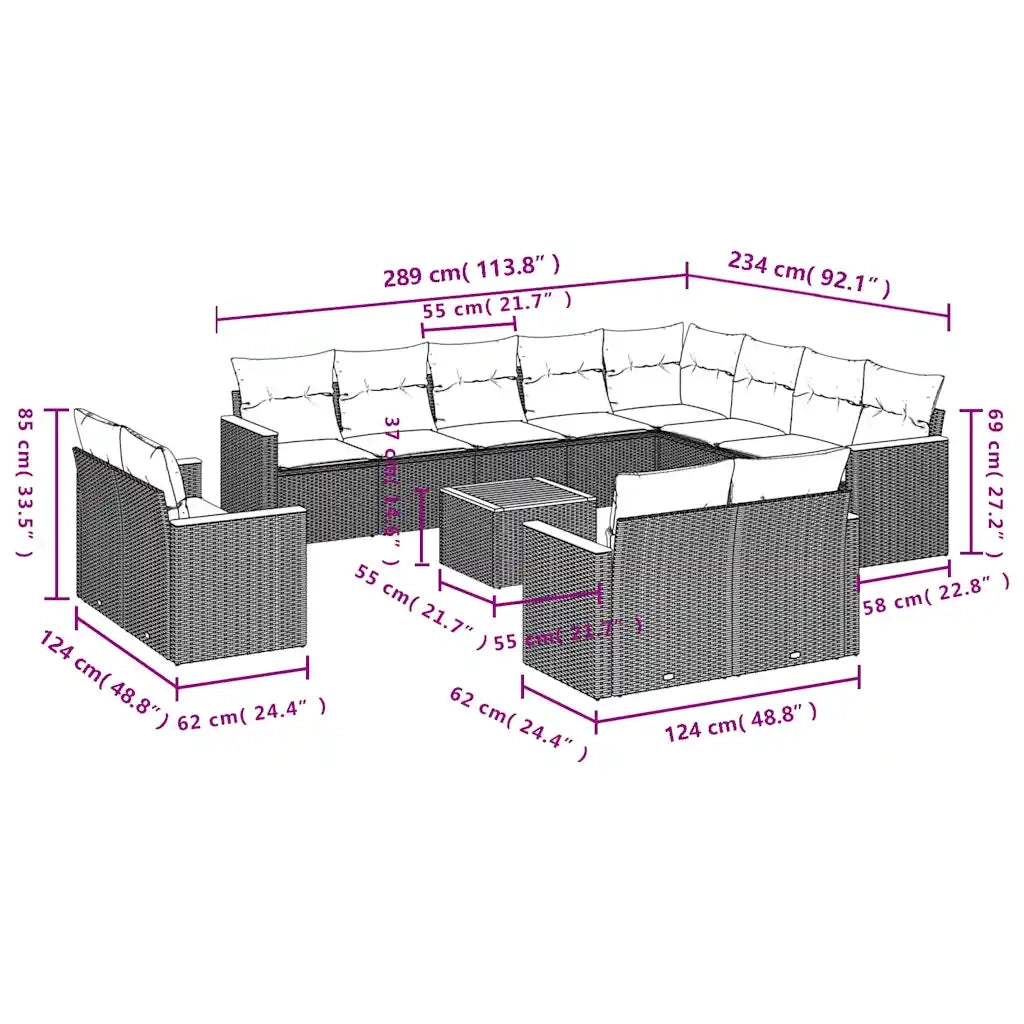 Set Divani da Giardino 13 pz con Cuscini Nero in Polyrattan 3226519