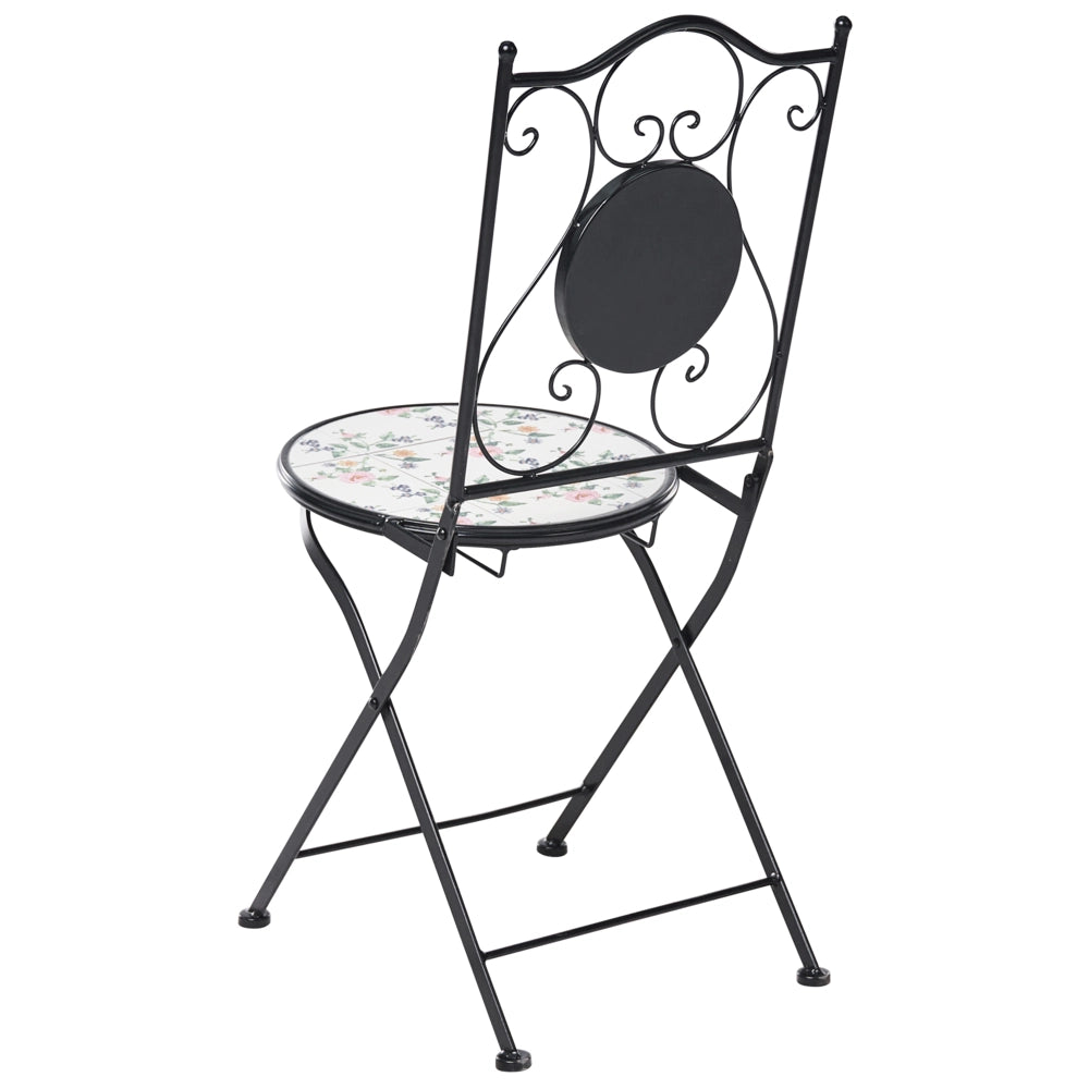 Set di 2 sedie da giardino in ferro nero con piastrelle rotonde in ceramica a mosaico stile ferro battuto pieghevoli