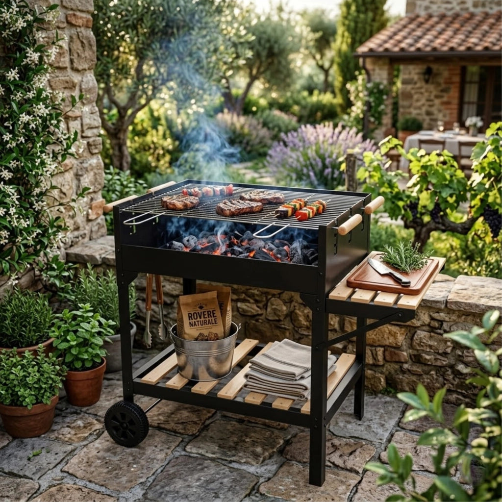 Barbecue Da Esterno Con Griglia Regolabile Ripiano Porta Accessori Laterale E Inferiore Acciaio Robusto Con Ruote Per Terrazza E Outdoor Cooking 122 x 53 x 100 Cm Nero