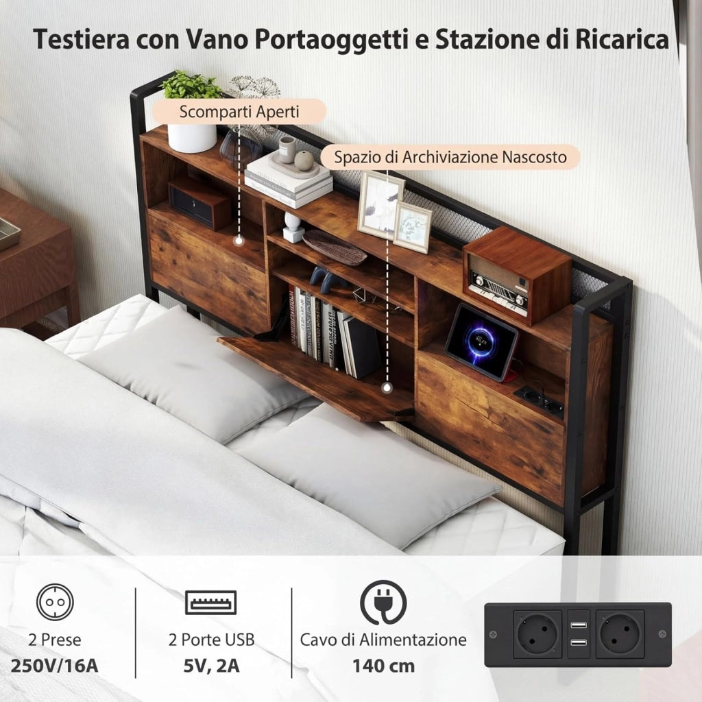 Struttura Letto con Testiera Contenitore, Letto a Piattaforma in Metallo con Stazione di Ricarica 3 Ripiani, Silenzioso, Carico Massimo 300kg (160 x 200 cm Stile 2)