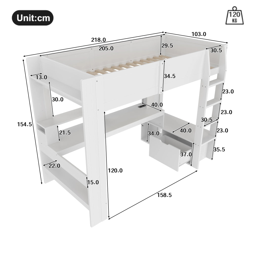 LETTO a soppalco 90x200 cm con scrivania e LED, bianco