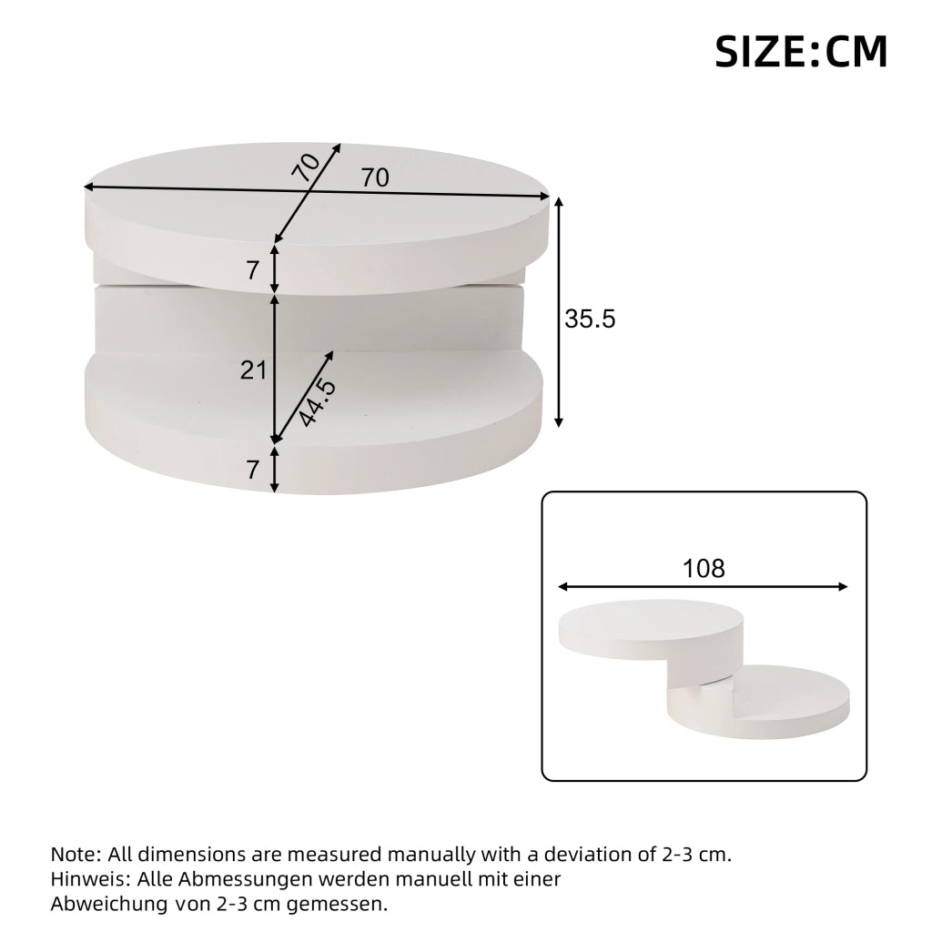 Tavolino da caffè rotondo 70x70x35,5 cm girevole a 360° con LED, struttura a doppio livello, MDF, bianco