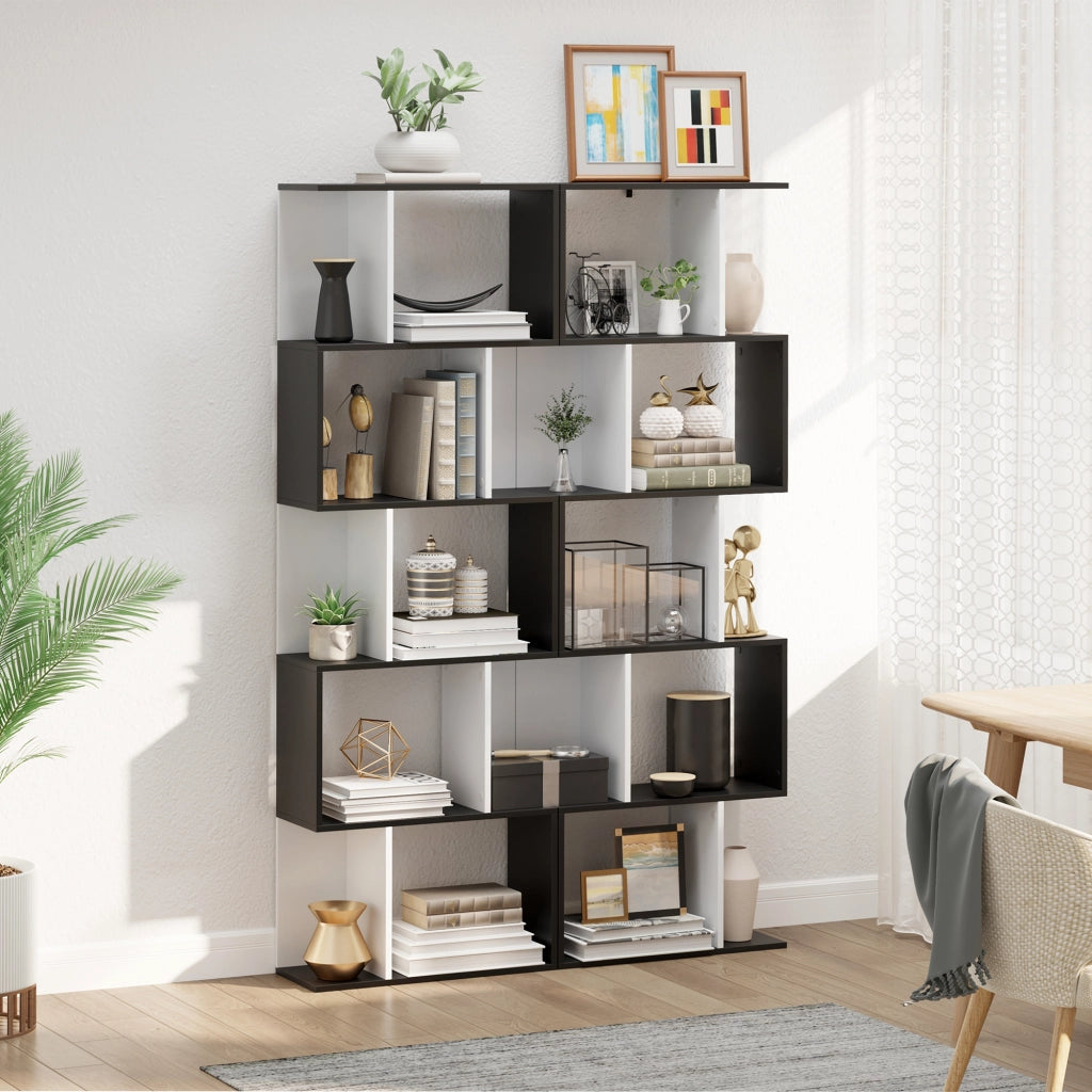 Mobile Libreria in Legno a 5 Ripiani con Divisorio. 60x24x184.5 cm. Bianco e Nero