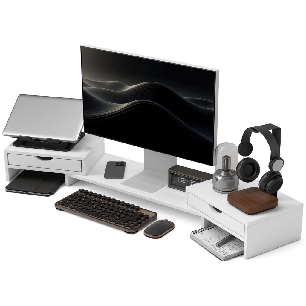 Supporto Monitor Regolabile con 2 Cassetti per PC Portatile ¨C Zephmum ¨C Bianco 60-116x22x12 cm