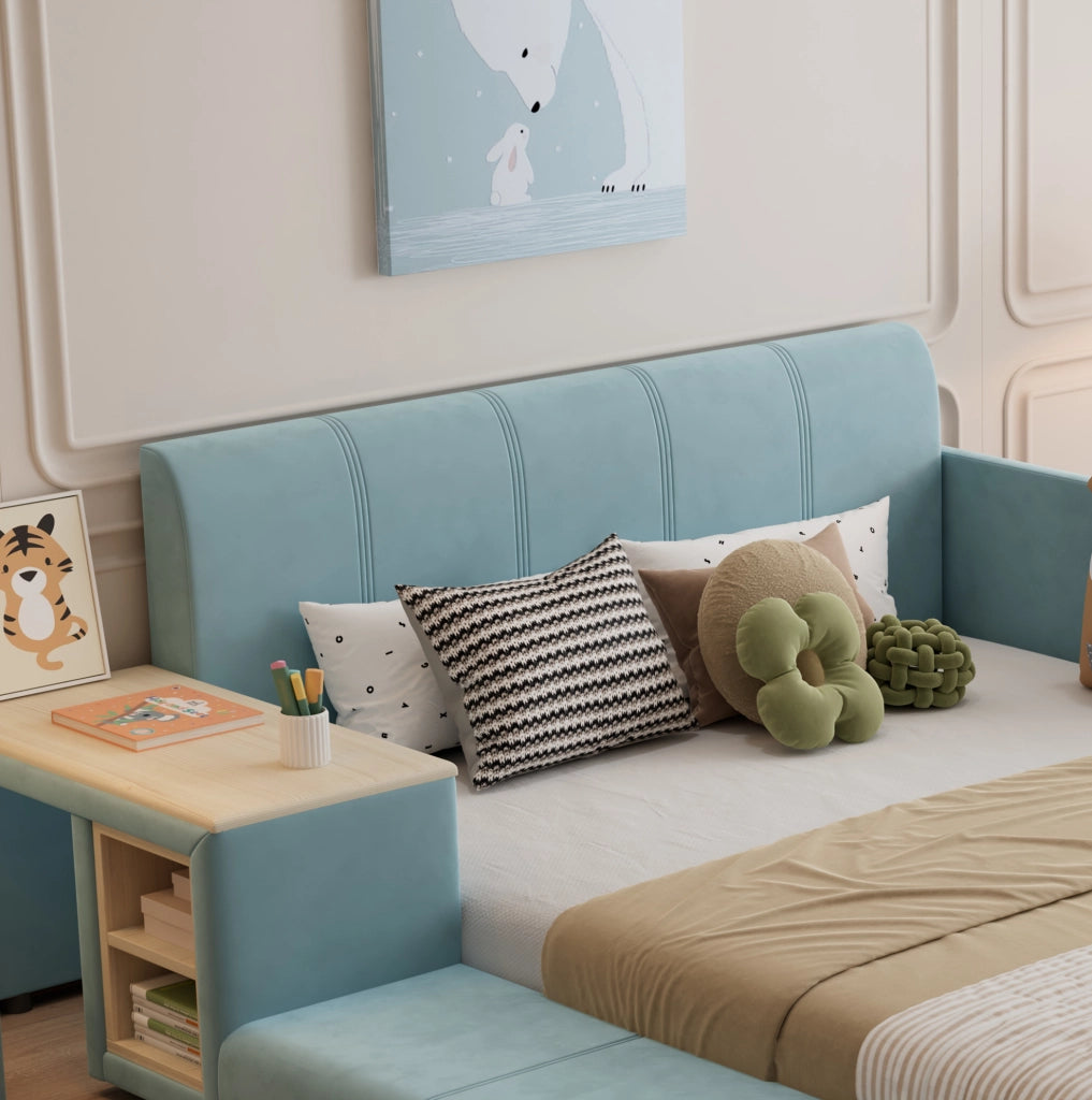 Letto imbottito singolo con scrivania laterale e sgabello 140x200 cm