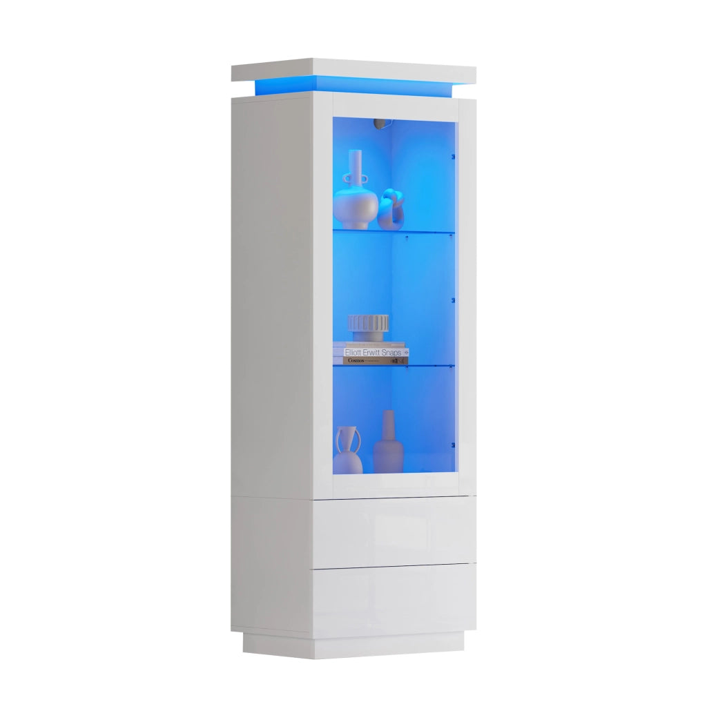 Vetrina alta 60x40x171 cm con 2 cassetti e luce LED; in truciolare bianco