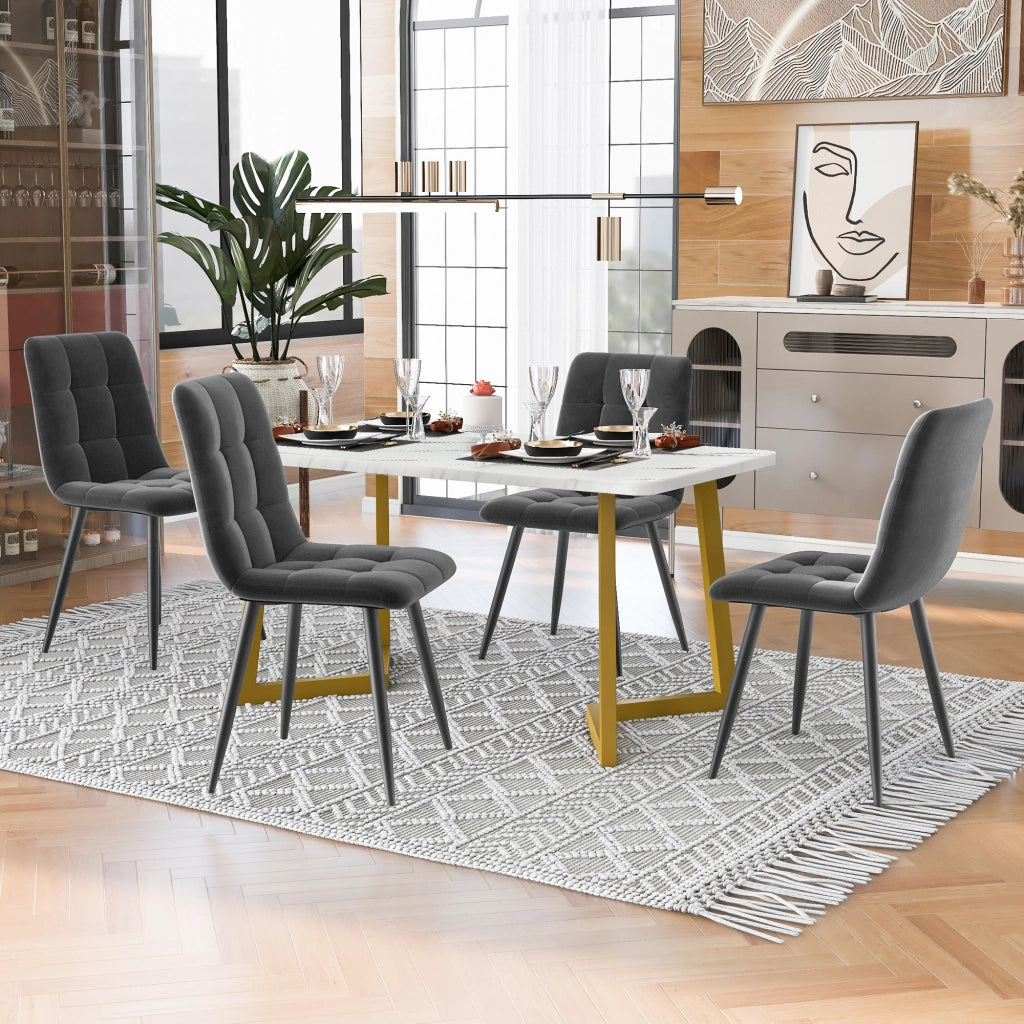 Tavolo da Pranzo Allungabile con 4 Sedie ¨C MINIMAL ¨C Rettangolare, Velluto Grigio Scuro, Gambe Dorate