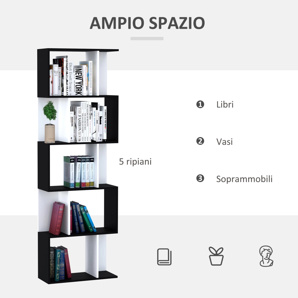 Mobile Libreria in Legno a 5 Ripiani con Divisorio. 60x24x184.5 cm. Bianco e Nero