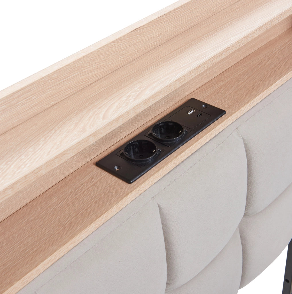 Divano letto imbottito 90x200 cm beige con 2 cassetti; LED; USB e porta Type-C