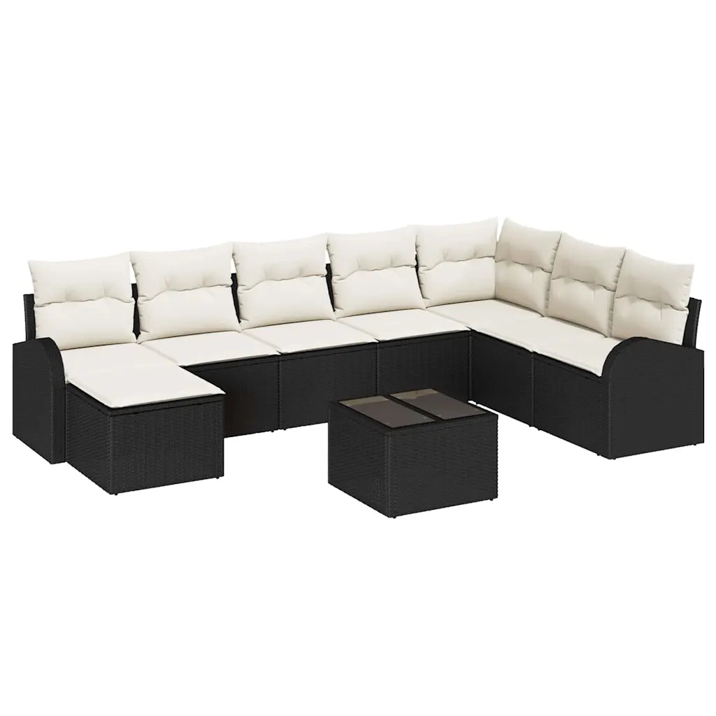 Set Divano da Giardino con cuscino 9 pcs Nero Poly Rattan