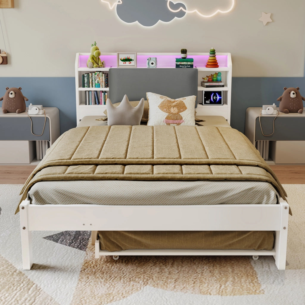 DESMIU Lit simple 120 × 200 cm con letto estraibile 90 × 190 cm, LED, ripiano e ricarica, senza materasso, bianco