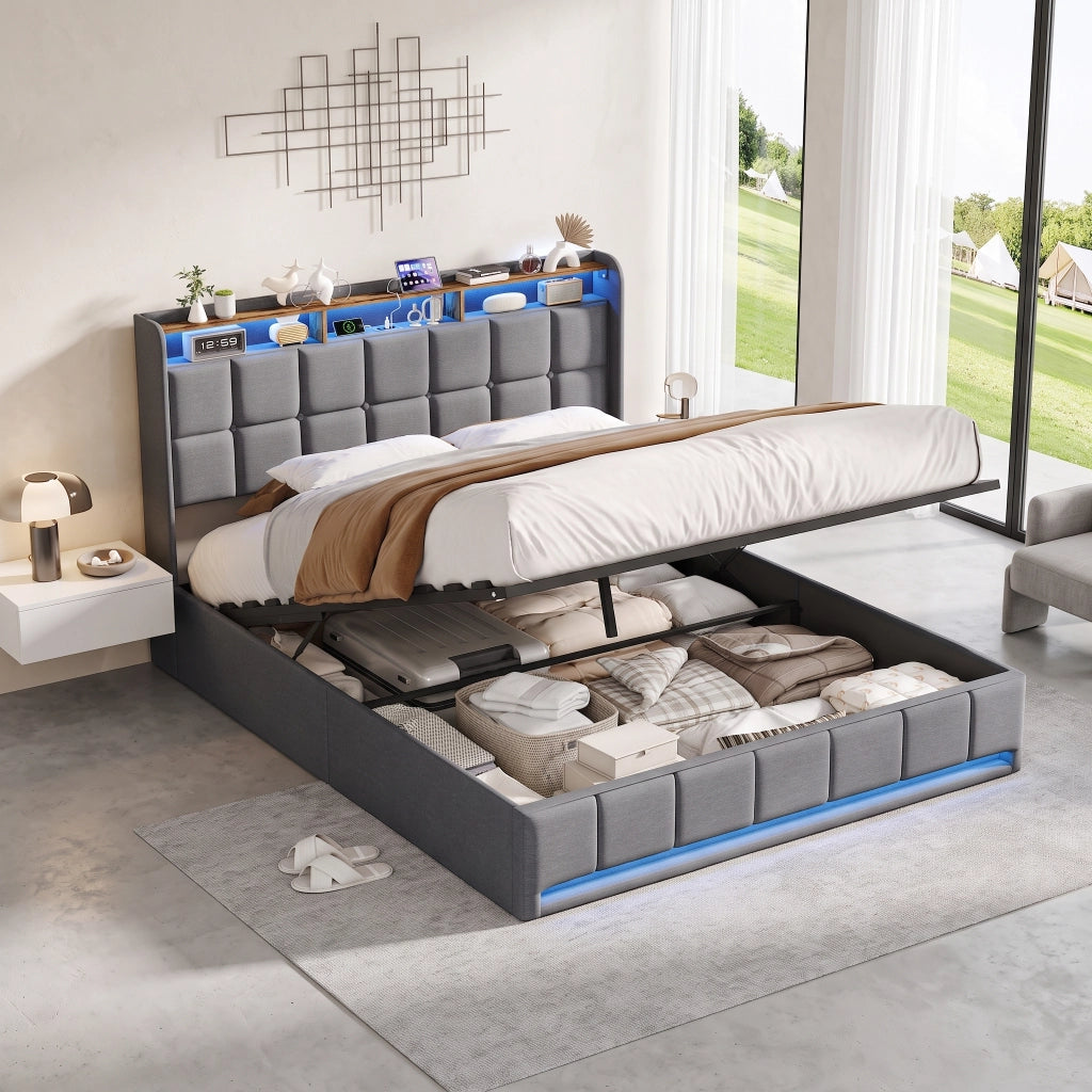 Letto matrimoniale 160x200 cm con contenitore LED USB testiera con mensola rete a doghe in lino - grigio