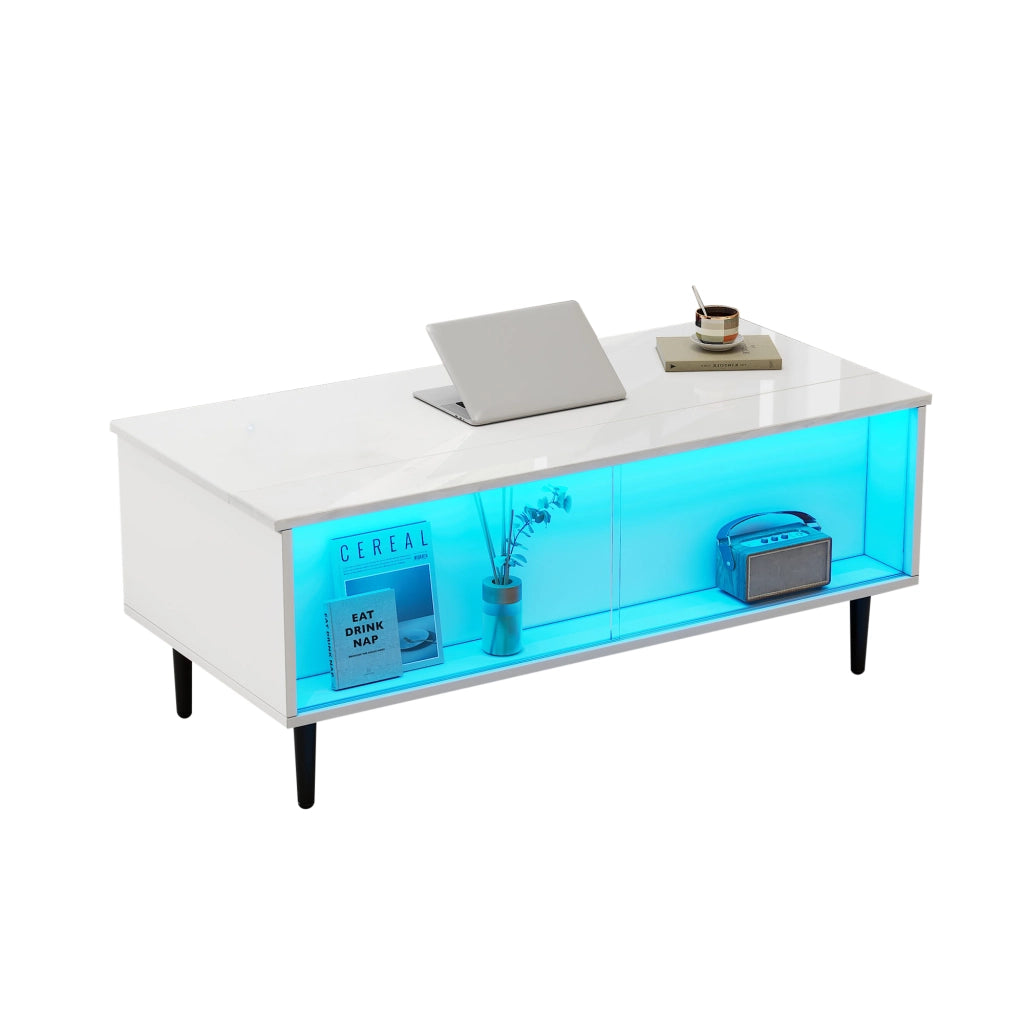 Tavolino da salotto regolabile in altezza 105 x 50 x 43 cm con LED, vani nascosti e ante scorrevoli in vetro temperato, bianco