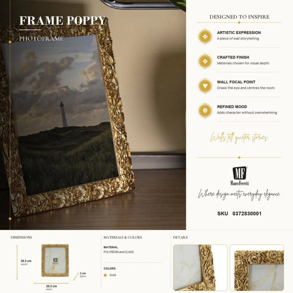 Cornice portafoto Poppy oro con decoro a papaveri 20x25 cm