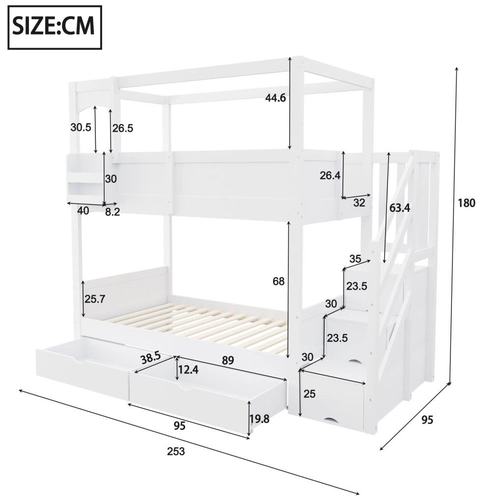Letto a castello per bambini 90 × 200 cm con lavagna, scala contenitore e 2 cassetti, senza materasso, bianco