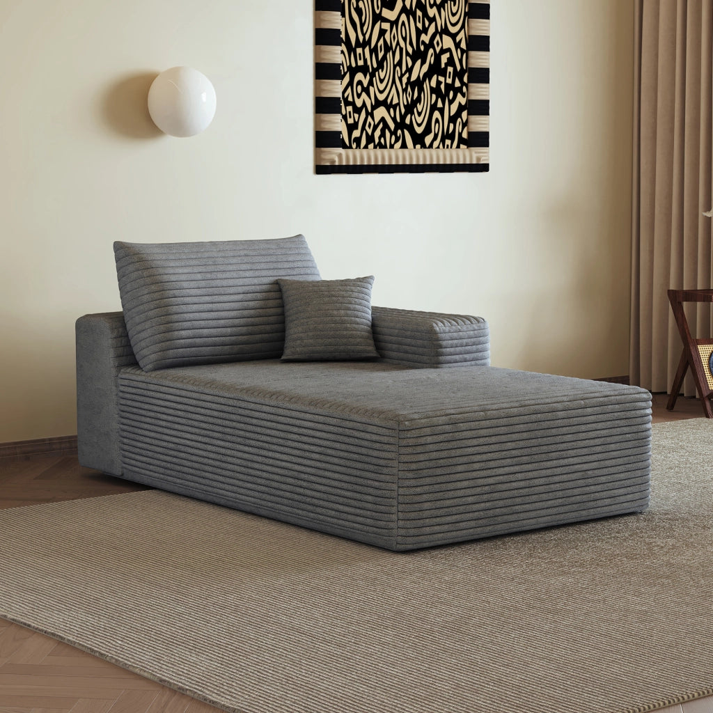Divano modulare con chaise longue in tessuto grigio, senza montaggio