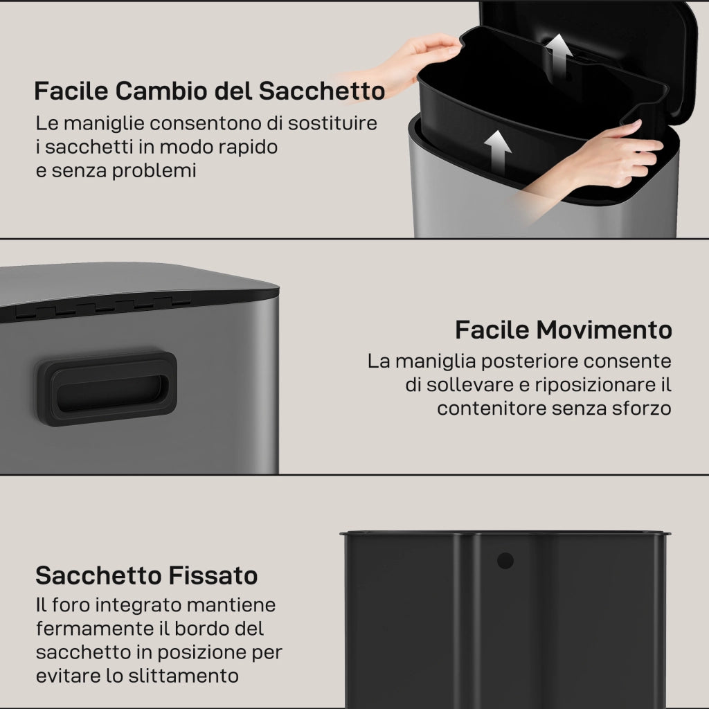 Pattumiera a Pedale da 50L con Coperchio Ammortizzato. Apertura a 90¡ã e Secchio Rimovibile. Acciaio Inox. Grigio