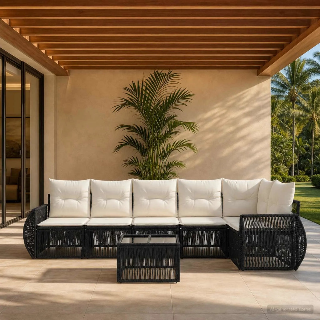 Set Divano da Giardino 7 pz Nero e Bianco Crema polyrattan 3435424