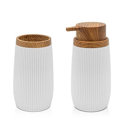 Set accessori bagno con dispenser e portaspazzolini bianco cannettato ed effetto legno Blob