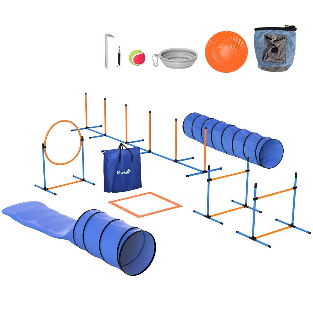 Set Agility per Cani 11 Pezzi ¨C Xylo ¨C con 2 Tunnel, Ostacoli Regolabili, Arancione e Blu
