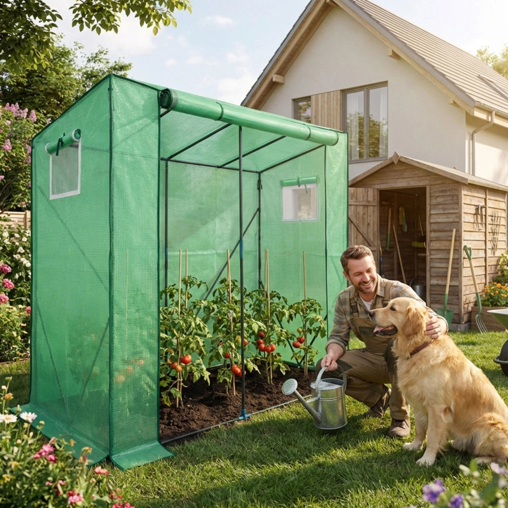 Serra da giardino a casetta con struttura in metallo e telo in PE 1 porta 2 finestre Verde 202x80x170 cm