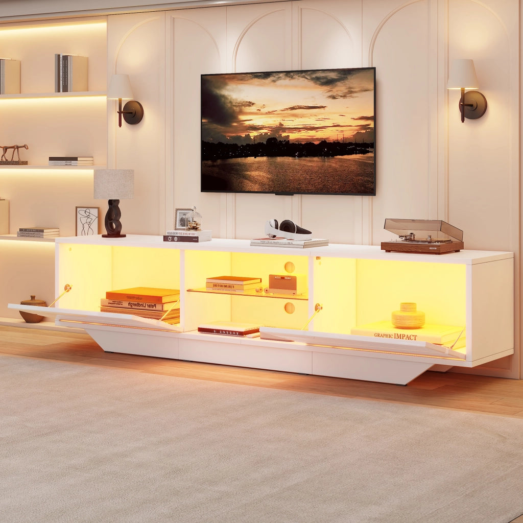 Mobile TV sospeso 160 cm in finitura lucida bianca con LED RGB e ampio spazio contenitivo