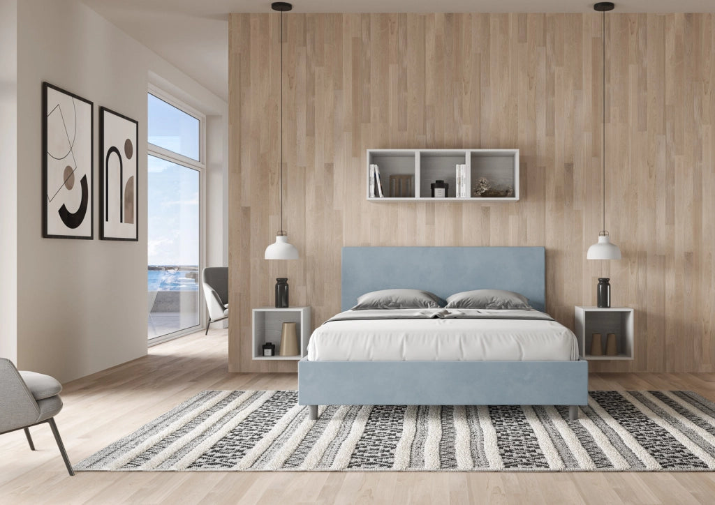 BS COM Letto queen size senza rete imbottito 150x190 microfibra azzurro