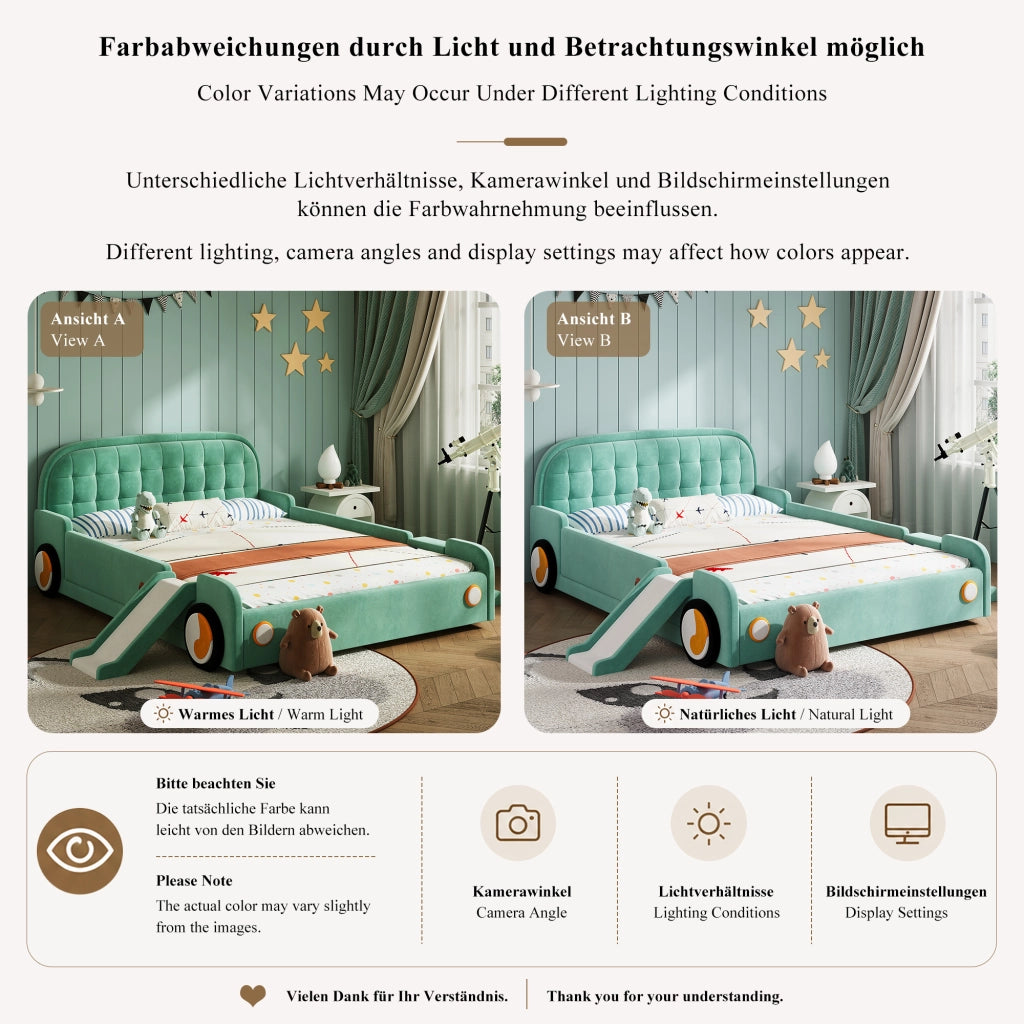 LETTO per bambini a forma di auto con scivolo e scala 140x200 cm velluto blu-verde