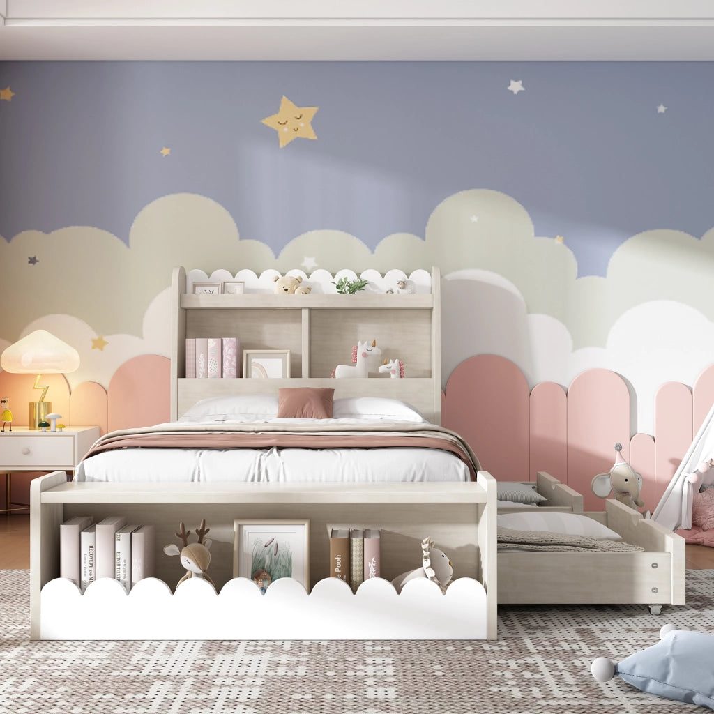 LETTO Singolo con cassetti e ripiani 90x190 cm Bianco e Rovere