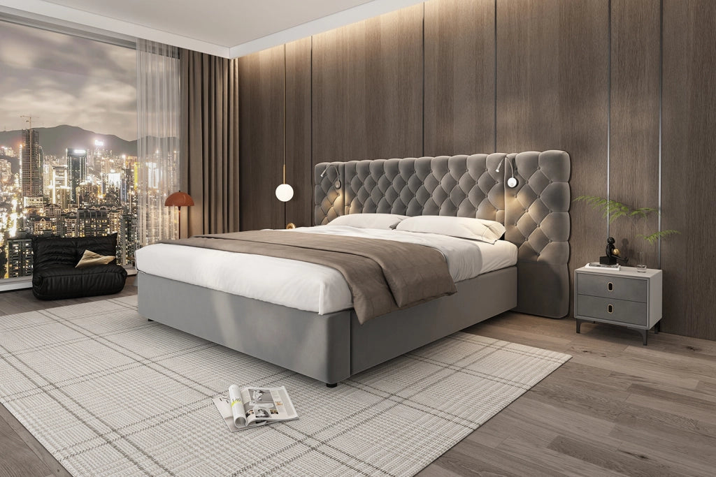 DESMIU Letto con contenitore 180 × 200 cm 2 posti con luce da lettura, vano idraulico e senza materasso, in velluto grigio