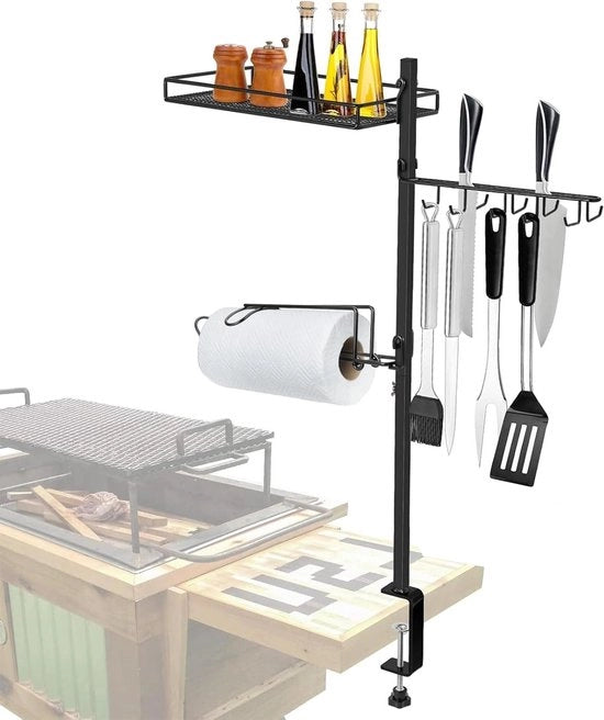 Organizzatore di Accessori per Griglia 3-in-1 per Barbecue all'Aperto - Supporto per Caddy BBQ, Supporto per Utensili, Supporto per Asciugamani, Ganci, Tavola a Maglia Piana