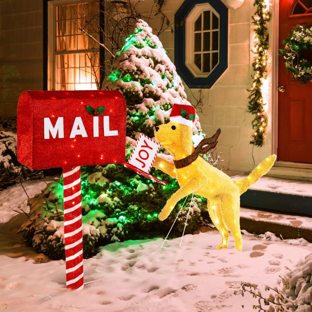 Cassetta postale natalizia e cane con 120 luci LED bianco caldo, Decorazione festiva pre-illuminata con fascette