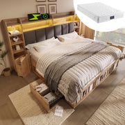 DESMIU Litto Combinato 160 × 200 cm 2 posti con LED, USB, Type-C, vano contenitore e cassetti, senza materasso, in legno, rovere