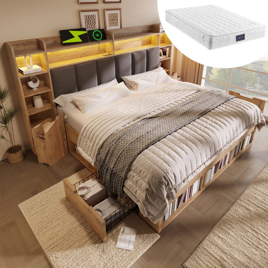 DESMIU Litto Combinato 160 × 200 cm 2 posti con LED, USB, Type-C, vano contenitore e cassetti, senza materasso, in legno, rovere