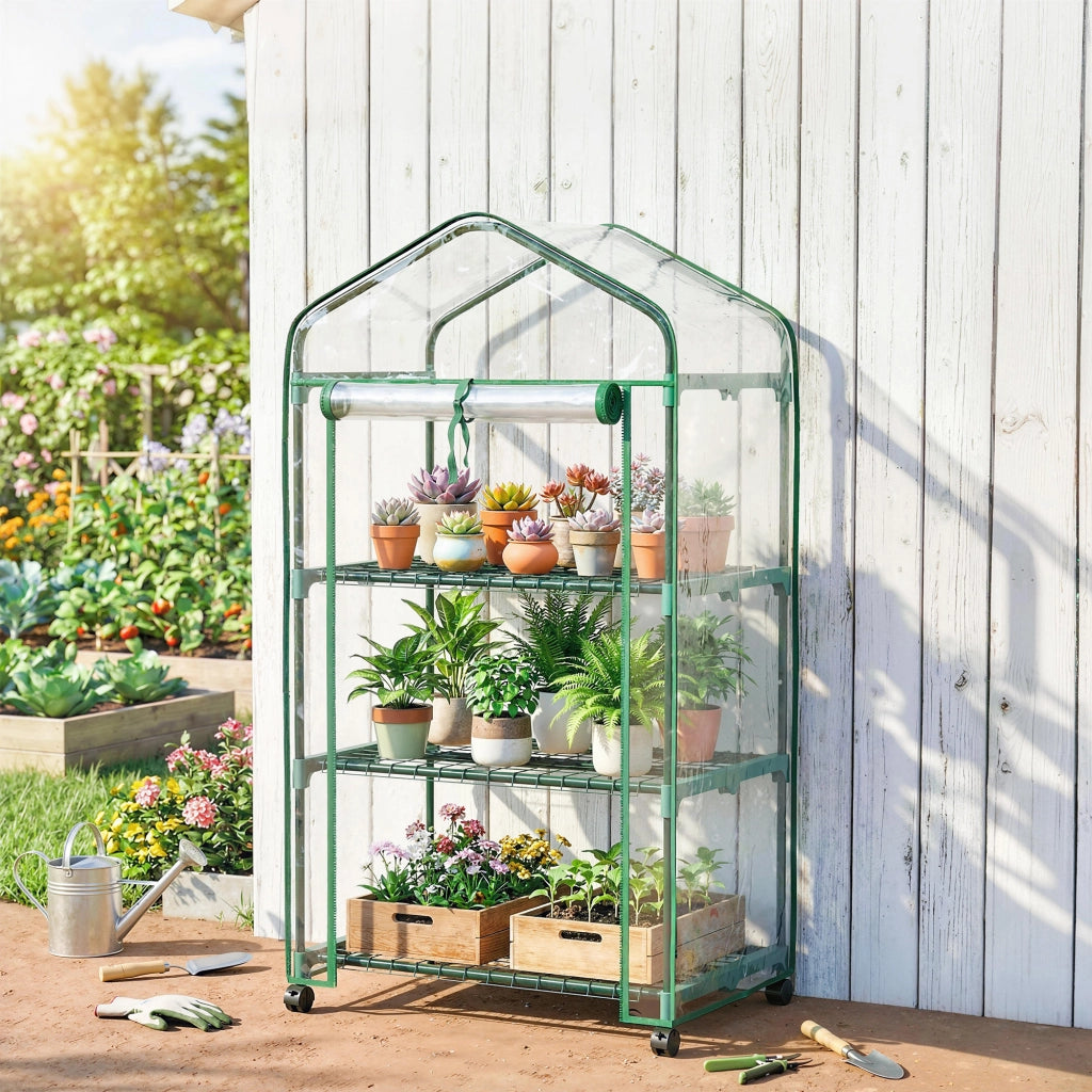 Serra da giardino mini con 3 ripiani ¨C Xylo ¨C PVC trasparente con ruote 69x49x130 cm