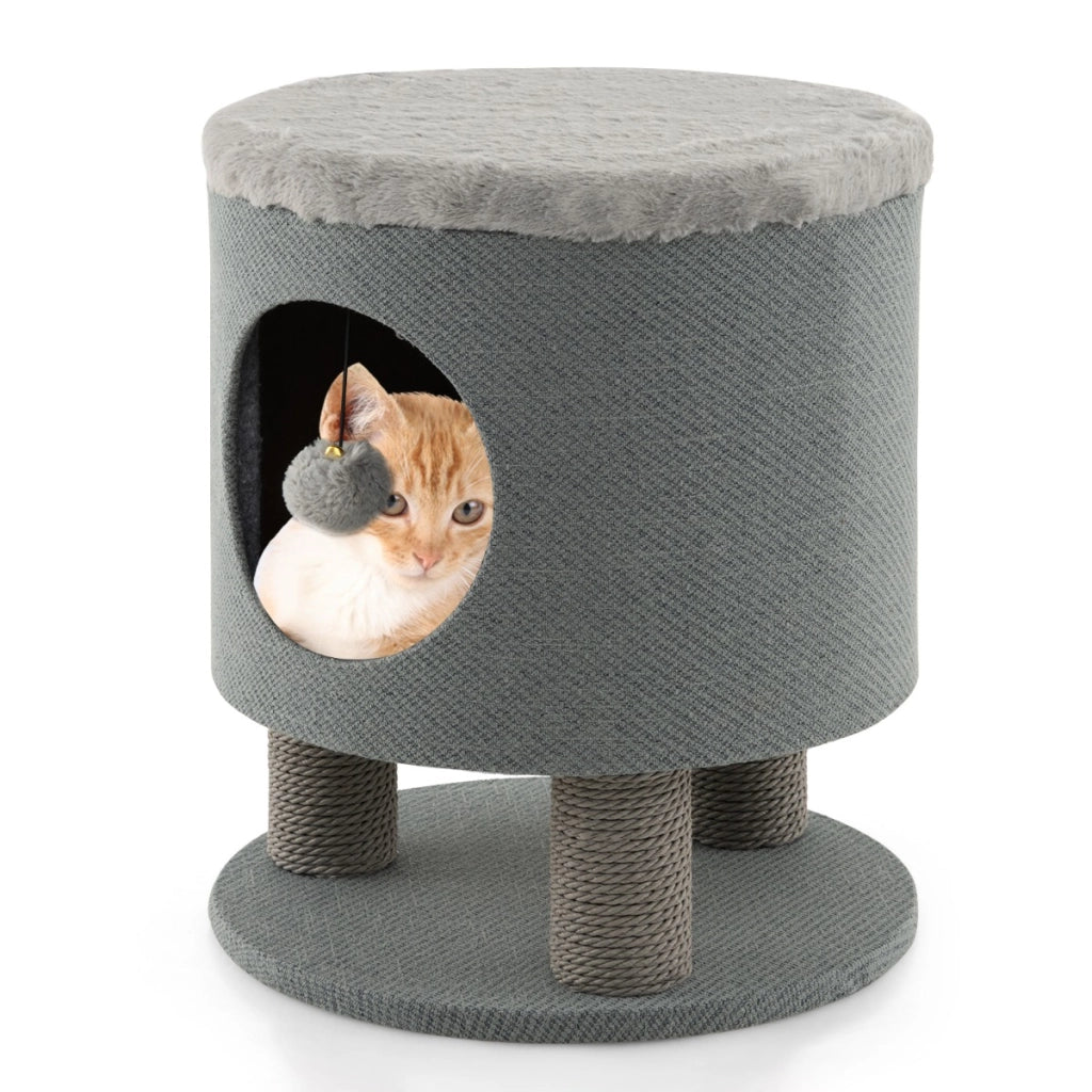 Sgabello nicchia per gatti con pali tiragraffi e pallina di peluche, Casetta per animali domestici multiuso Grigio-Lettini e divanetti