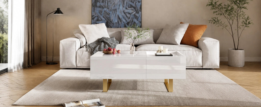 Tavolino basso sollevabile con cassetto e vano contenitore in MDF lucido per soggiorno bianco 100 × 50 × 54,5 cm