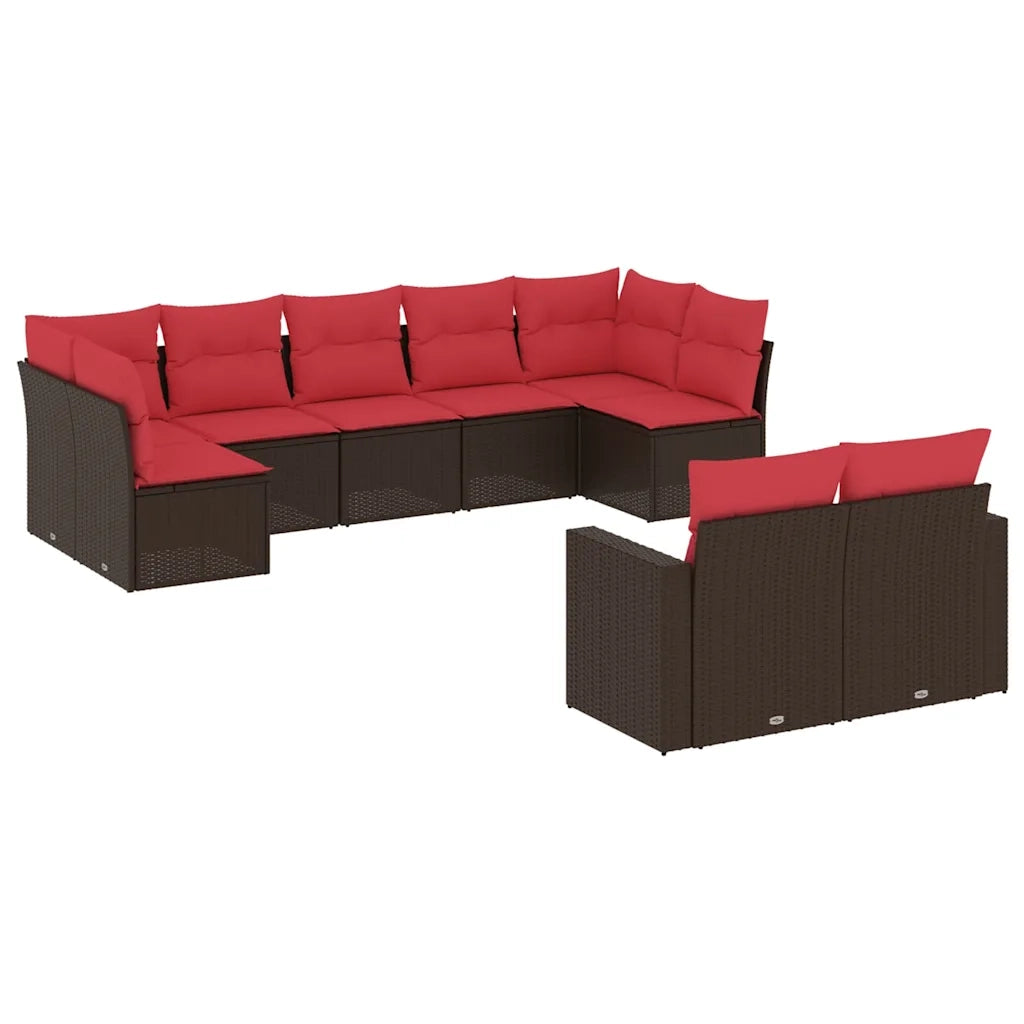 Set Divani da Giardino 9pz con Cuscini Marrone in Polyrattan