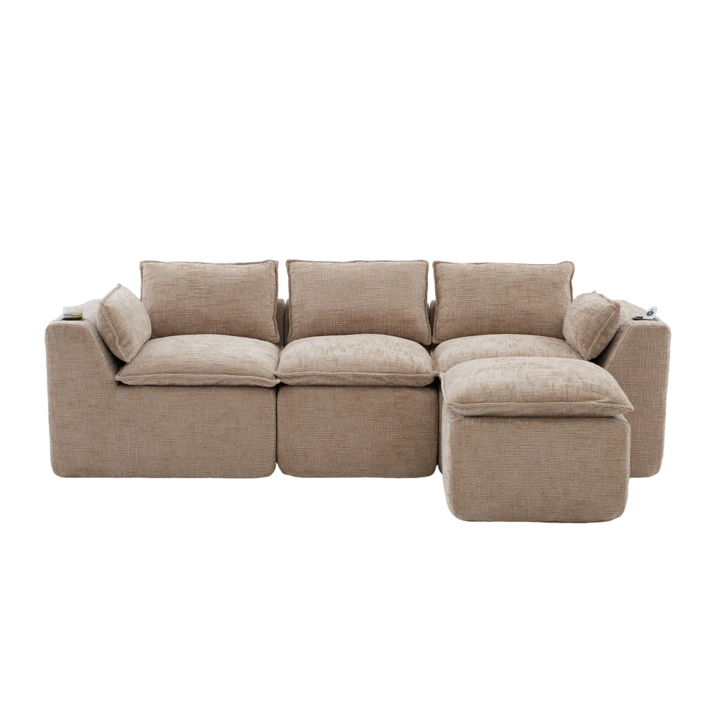 Divano modulare 3 posti con pouf; cuscini e tasche laterali; in ciniglia kaki; 256x161x75 cm