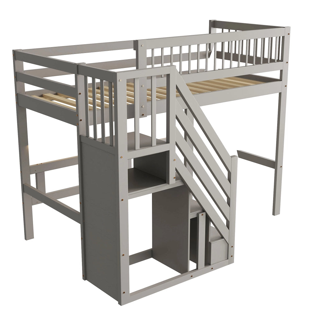 Letto a soppalco in legno massello con scala contenitore e recinzione alta; grigio; 90x200 cm; senza materasso