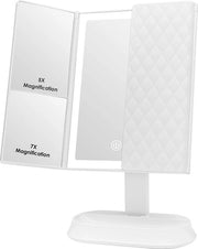 Specchio di trucco con illuminazione LED e schermo touchscreen, Triplo 1x 5x 7x ingrandimento, Rotazione di 90° regolabile, Funziona con batterie e USB, Specchio da toeletta (Bianco)