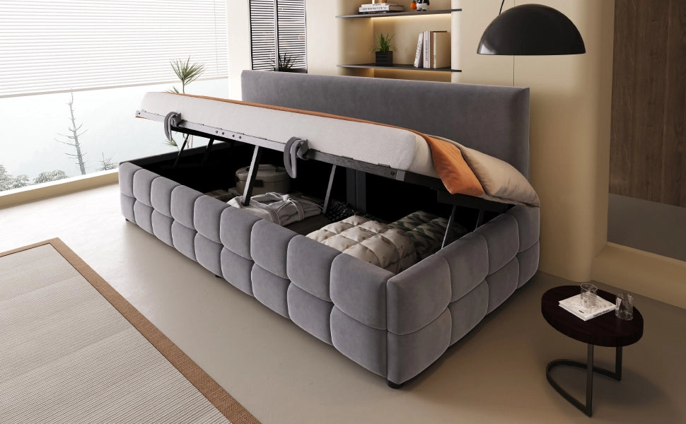 DESMIU Letto divano 1 posto 90 × 200 cm con vano contenitore idraulico e schienale, senza materasso, in velluto grigio
