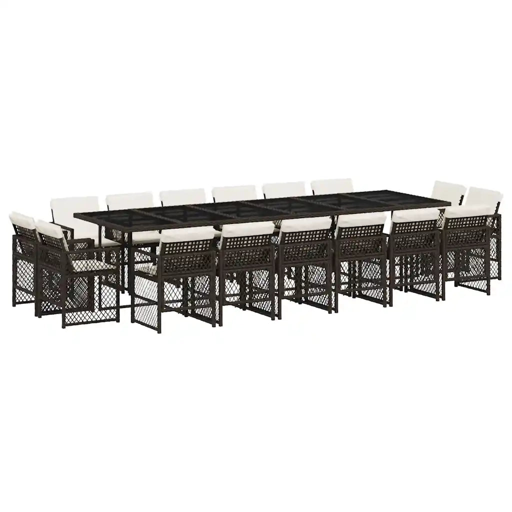Set da Pranzo da Giardino 17 pz con Cuscini Marrone Polyrattan
