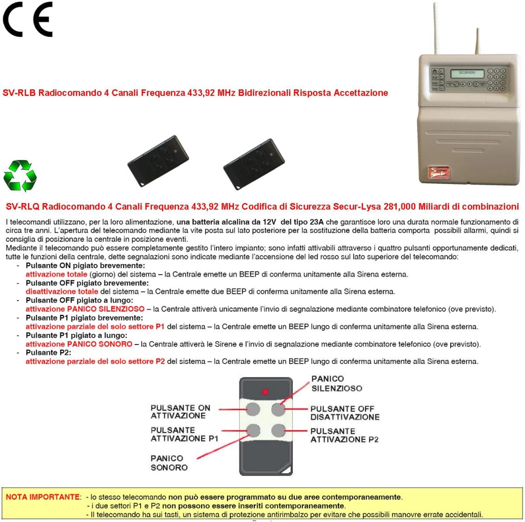 Telecomando 4 Canali Frequenza 433,92 MHz Per Inserimento e Disinserimento Totale e Parziale Sistema di Allarme Lysa64 e Lysa GSM Sydra Come Giorno Notte Rolling Code Anticollisione Antiannebbiamento