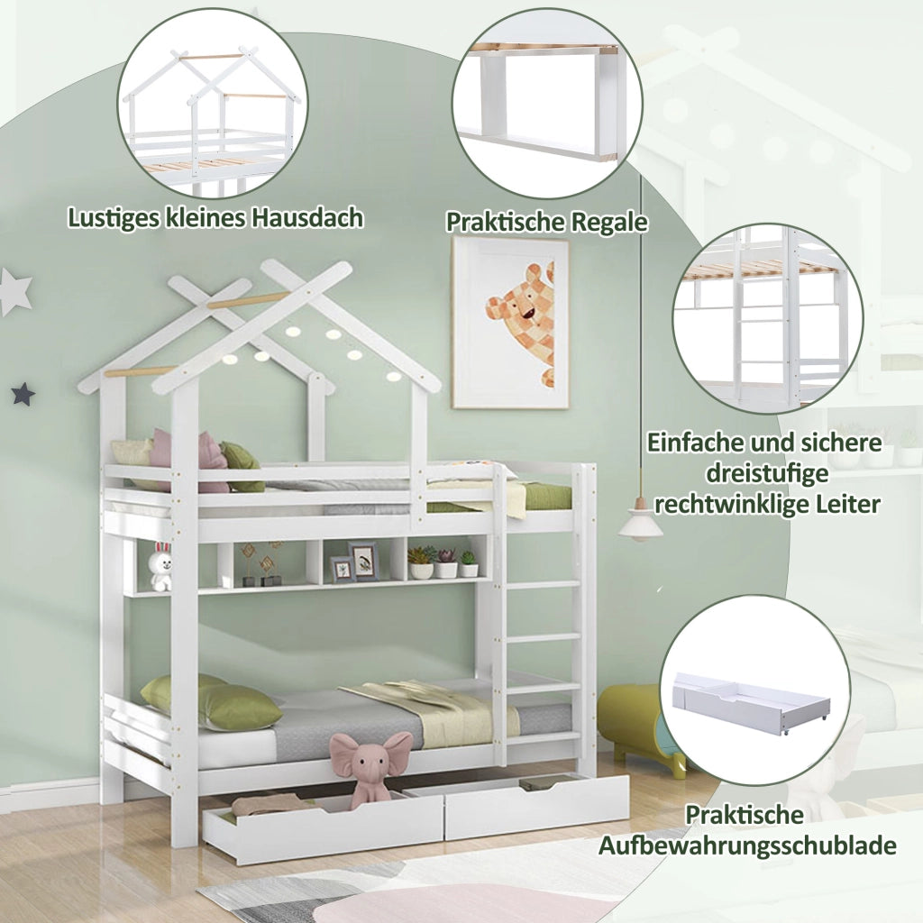 LETTO A CASTELLO con cassetti e ripiani 90x200 cm Bianco Legno massello e MDF